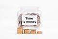 Piggy bank, pile gold coin, with word text Time is money