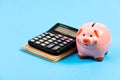 Piggy bank pink pig and calculator. Business administration. Finance manager wanted. Trading exchange. Trade market