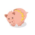 Piggy bank sad, dead with money broken in half by a big crack
