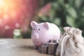 A piggy bank placed next to a pile of coins Royalty Free Stock Photo