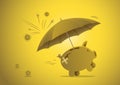 Piggy bank with protection umbrella to protect from virus