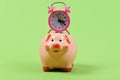 Piggy bank with retro alarm clock. Time is money concept. Royalty Free Stock Photo