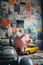 A piggy bank in a room with walls full of posters representing savings goals such as a car or a vacation AI generated