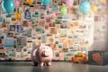 A piggy bank in a room with walls full of posters representing savings goals such as a car or a vacation AI generated