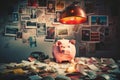 A piggy bank in a room with walls full of posters representing savings goals such as a car or a vacation AI generated