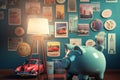 A piggy bank in a room with walls full of posters representing savings goals such as a car or a vacation AI generated