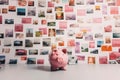 A piggy bank in a room with walls full of posters representing savings goals such as a car or a vacation AI generated