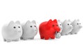 Piggy bank in row with one red secured with combination lock Royalty Free Stock Photo