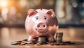 The piggy bank\'s overflow of coins illustrates savings and financial learning