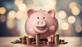 The piggy bank-s overflow of coins illustrates savings and financial learning