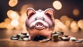 The piggy bank-s overflow of coins illustrates savings and financial learning