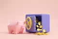 Piggy bank with safebox with falling coins, pink empty background
