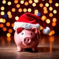 Piggy bank with Santa hat, showing concept of saving for holidays like Christmas