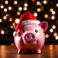 Piggy bank with Santa hat, showing concept of saving for holidays like Christmas