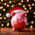 Piggy bank with Santa hat, showing concept of saving for holidays like Christmas