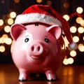 Piggy bank with Santa hat, showing concept of saving for holidays like Christmas