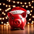 Piggy bank with Santa hat, showing concept of saving for holidays like Christmas