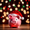 Piggy bank with Santa hat, showing concept of saving for holidays like Christmas