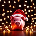 Piggy bank with Santa hat, showing concept of saving for holidays like Christmas