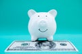 Piggy bank is saving money with dollars. Step into a growing business to be successful and save for retirement ideas Royalty Free Stock Photo