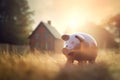 Piggy bank savings in countryside field. Generate ai