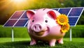 Piggy bank with savings deposits for sustainable, renewable solar energy