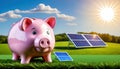 Piggy bank with savings deposits for sustainable, renewable solar energy