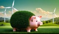 Piggy bank with savings deposits for sustainable, renewable wind power energy