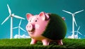 Piggy bank with savings deposits for sustainable, renewable wind power energy