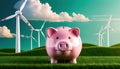 Piggy bank with savings deposits for sustainable, renewable wind power energy