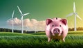 Piggy bank with savings deposits for sustainable, renewable wind power energy