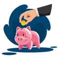 Piggy bank savings and hand with coin. Moneybox in form of pig and coins falling. Crowd funding and savings concept Royalty Free Stock Photo