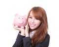 Piggy bank savings woman smiling happy Royalty Free Stock Photo