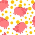 Piggy bank seamless pattern. Falling gold dollar coins and cartoon pink pig isolated on white background. Investments Royalty Free Stock Photo