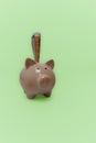 piggy bank with shiny piggy bank on green background with folded euro banknote entering. Money saver