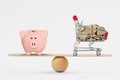 Piggy bank and shopping cart with coins on balance scale Royalty Free Stock Photo