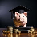 Piggy bank, Happy, smiling piggy, high school graduation cap on a pig\'s head, around a coin and bank notes 1, generative AI