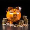 Piggy bank, Happy, smiling piggy, high school graduation cap on a pig\'s head, around a coin and bank notes 2, generative AI