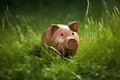 A piggy bank sits amidst the vibrant green grass of a serene field, symbolizing the act of saving money in harmony with nature.,