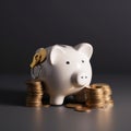 Piggy bank with stack of coins and key Royalty Free Stock Photo