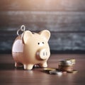 Piggy bank with stack of coins and key Royalty Free Stock Photo