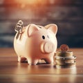 Piggy bank with stack of coins and key Royalty Free Stock Photo