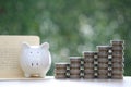 Piggy bank and stack of coins money with banking account book on natural green background, Save money for prepare in future and Royalty Free Stock Photo