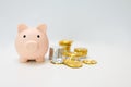 Piggy bank and stack of silver and golden coins on white background Royalty Free Stock Photo