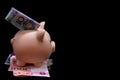 A piggy bank, standing on Chinese banknotes, with a 10 yuan bill inside on a black background. The concept of saving money. Royalty Free Stock Photo