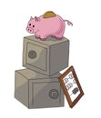 Piggy bank stands on two closed metal safes, there are abacus nearby