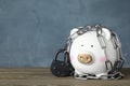 Piggy bank with steel chain, padlock on table, space for text. Money safety concept Royalty Free Stock Photo