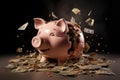 A piggy bank stuffed with money, with bills and coins pouring out, symbolizing abundant savings, Financial crisis, broken piggy Royalty Free Stock Photo