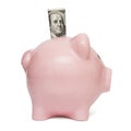 Piggy bank style money box with one hundred dollars falling into slot isolated on a white background Royalty Free Stock Photo