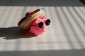 A piggy bank in sunglasses and a sombrero in the shade of the blinds